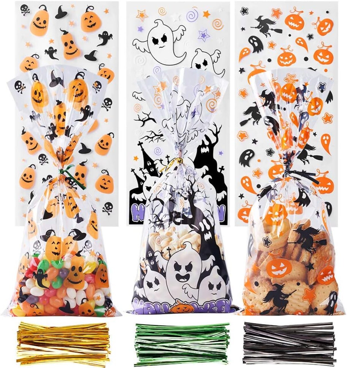 Halloween Cellophane Treat Bags, 150pcs Halloween Plastic Clear Candy Bags with 300pcs Twists for Snacks Cookies Packing